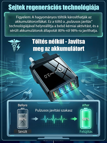 【Növelje a telefon akkumulátorának élettartamát】 Négyportos utazótöltő