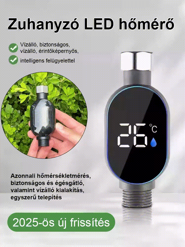 Intelligens vízálló zuhanyfej hőmérséklet-kijelzővel
