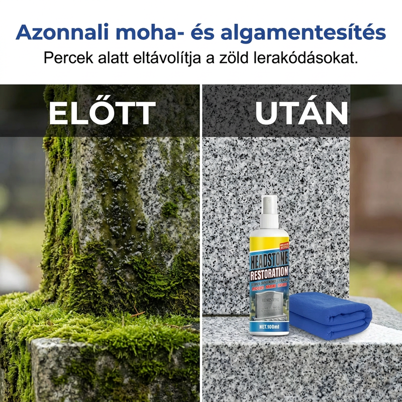 🔥🧼 Sírkő helyreállító és tisztító spray – 🌿 pH-semleges formula, eltávolítja az algákat és zuzmókat, biztonságos gránit, márvány és mészkő esetén 👼💕